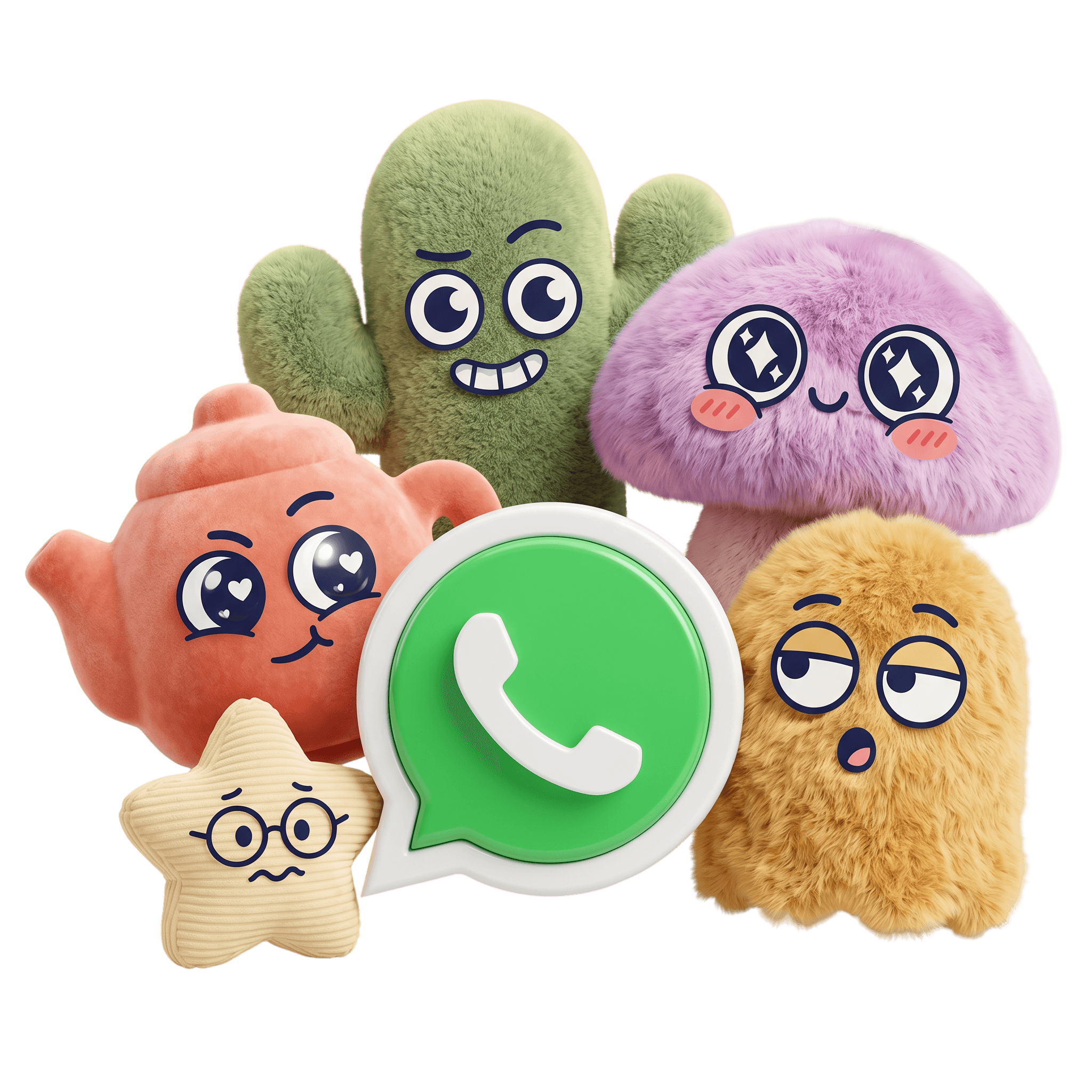 Personajes peluches alrededor del logo de WhatsApp