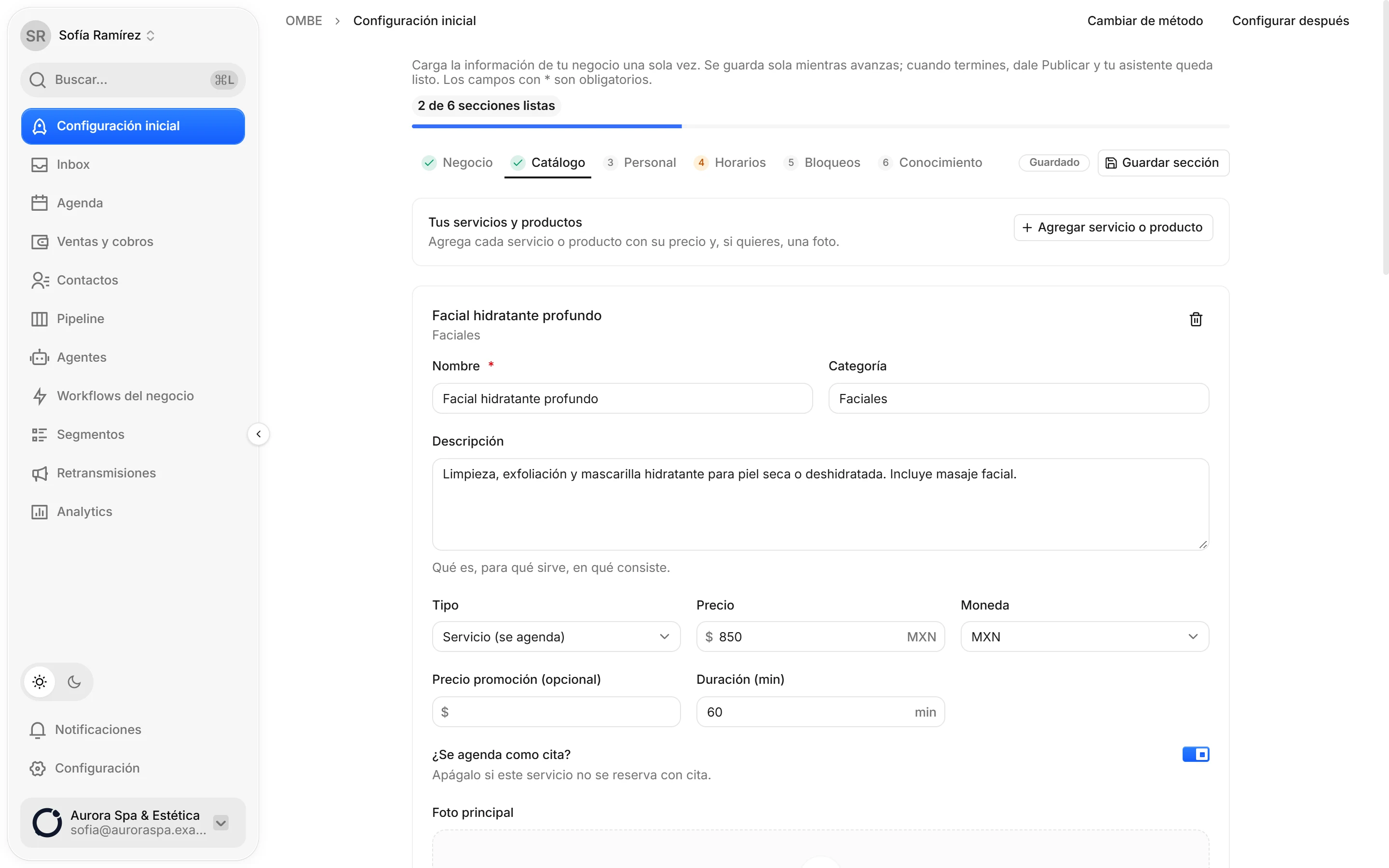 Captura de OMBE: Agrega tus servicios y precios